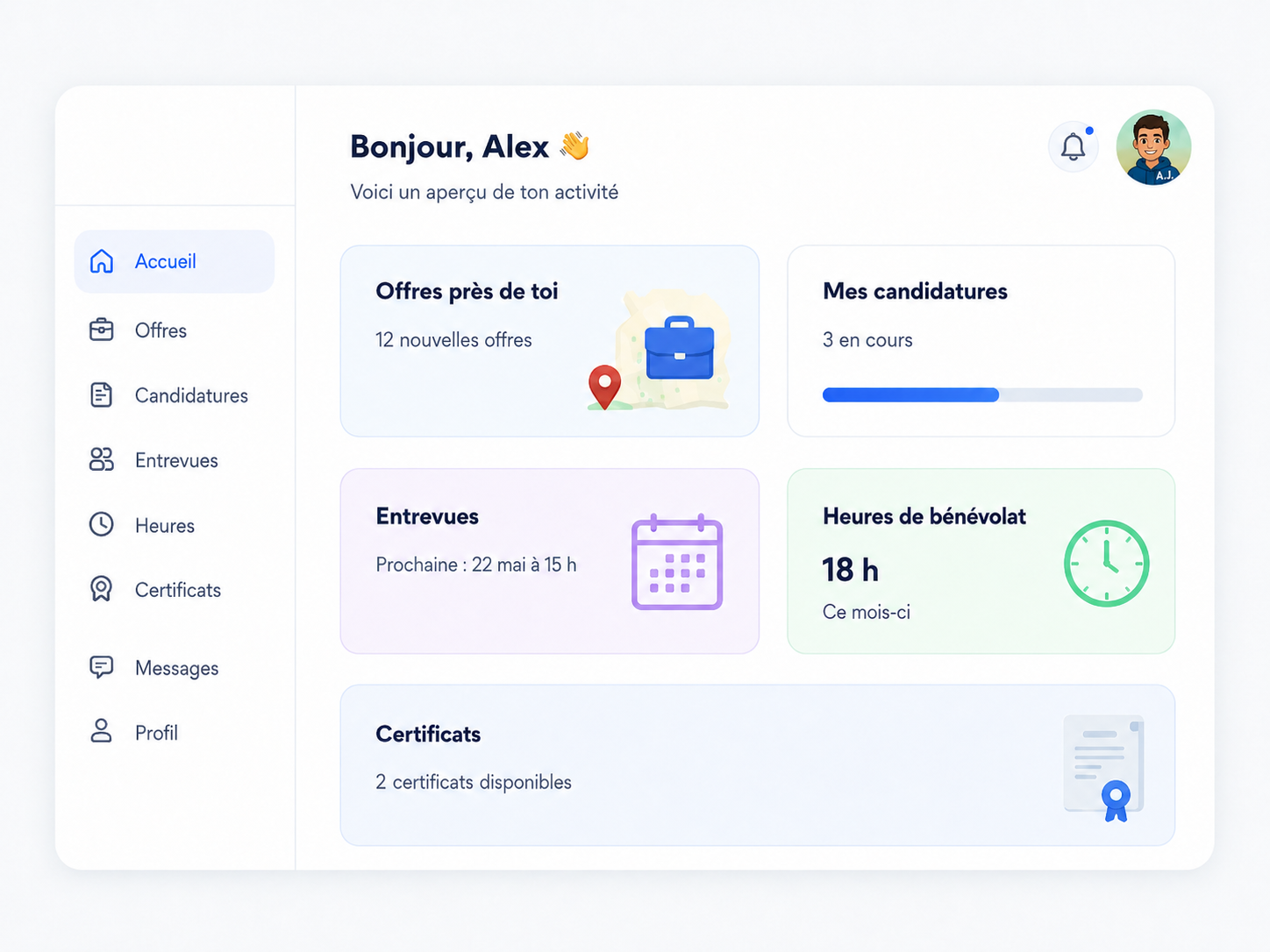 Tableau de bord étudiant MonGig — offres, candidatures, entrevues, heures et certificats