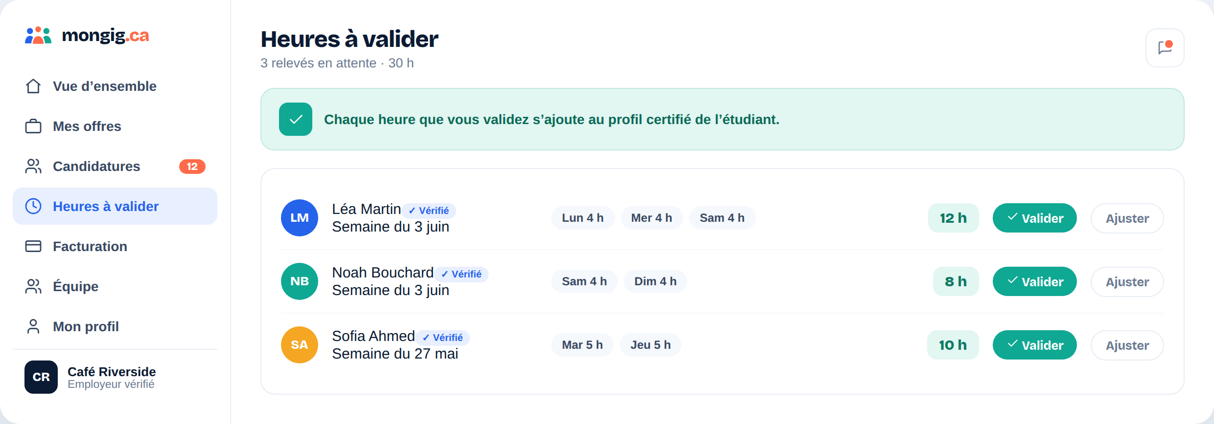 Validation des heures MonGig
