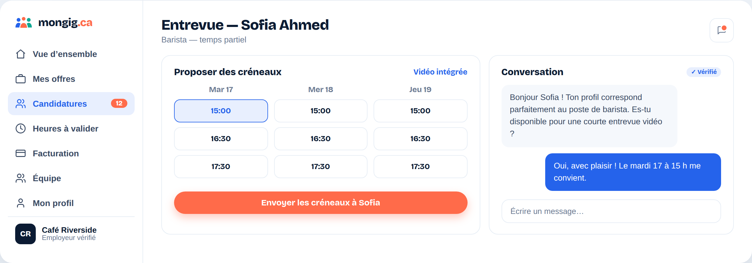 Proposition de créneaux d’entrevue MonGig